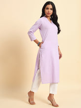 Thread Plus Cotton Flax Straight Kurti In Lavender Color For Women